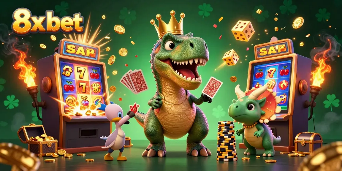 Engage with the vibrant 8x bet casino world featuring friendly dinosaur characters amidst a dynamic jackpot scene.