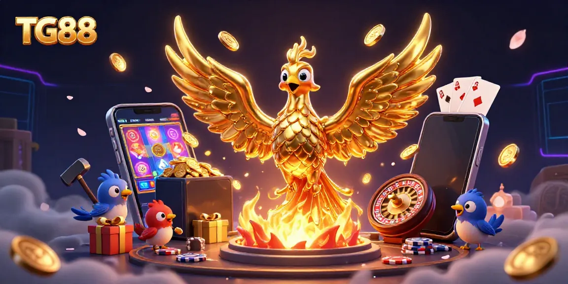 Engage in gaming excitement with TG88's vibrant casino elements and a stunning golden phoenix.