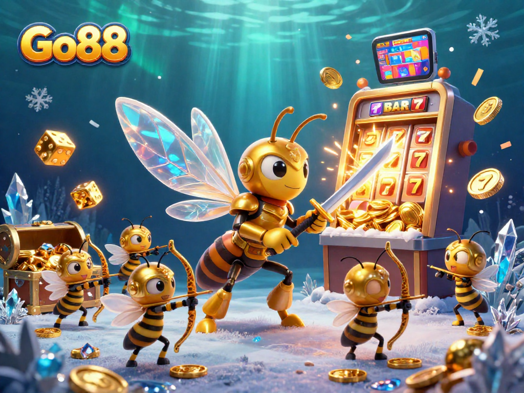 Experience the excitement of Go88 with this vibrant illustration of a golden hornet and dynamic casino elements.