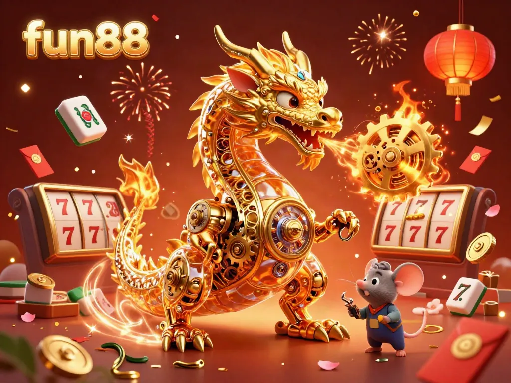 Experience thrilling moments with fun88's vibrant casino world featuring golden dragons and slot reels.