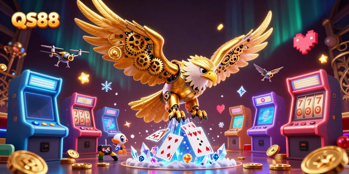 Engage with thrilling QS88 casino gameplay in an ultra-detailed 3D scene featuring arcade machines and a diving golden eagle.