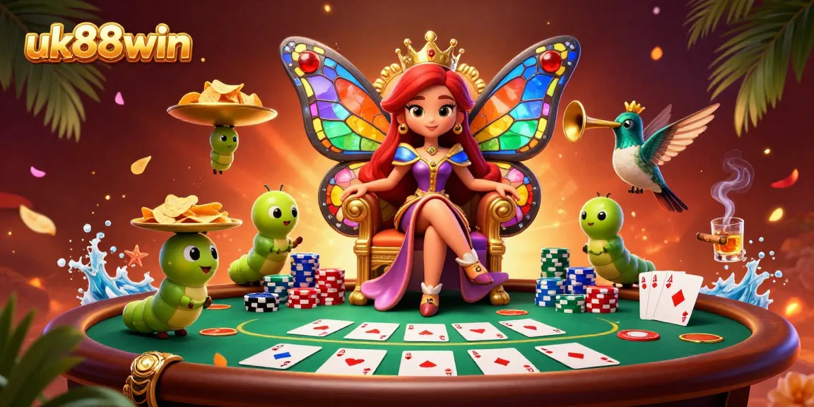 Experience winnings at uk88win with a vibrant casino scene featuring a butterfly queen and 3D poker elements.