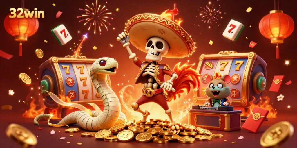Experience thrilling wins with 32win's vibrant casino illustration featuring lively characters and exciting game elements.