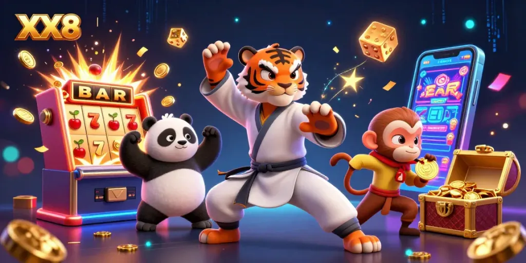 Win at XX8 with a vibrant 3D illustration of a kung fu tiger master and casino elements.