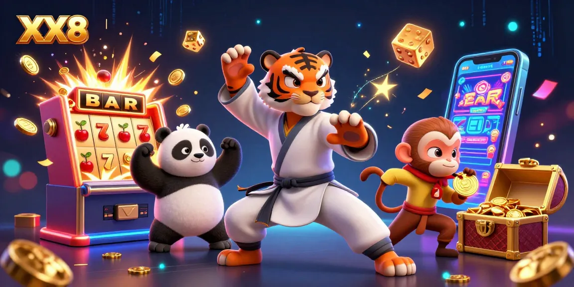 Win at XX8 with a vibrant 3D illustration of a kung fu tiger master and casino elements.