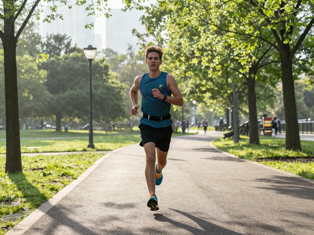 Runner using the Streek app for a morning workout in an urban park.