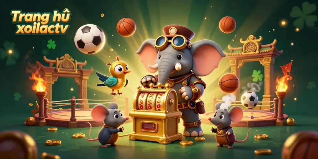 Engage in thrilling action at Trang chủ xoilactv, featuring dynamic 3D steampunk characters and casino elements.