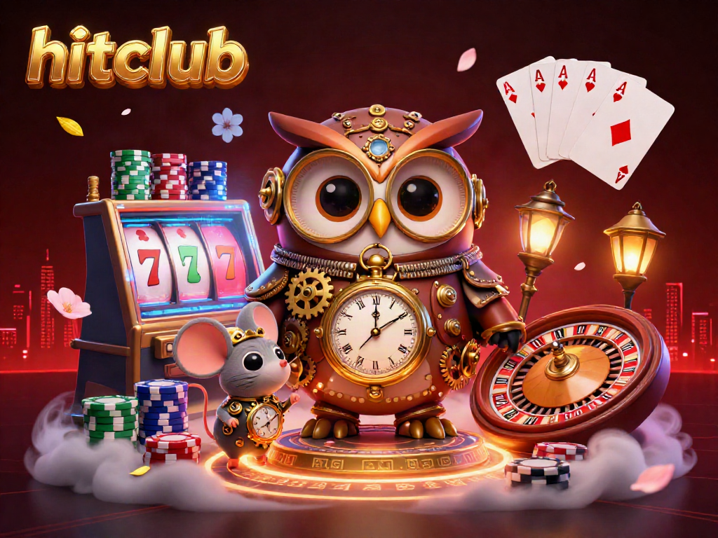 Hitclub invites players to immerse themselves in a vibrant casino scene filled with slot machines, poker chips, and a playful owl.