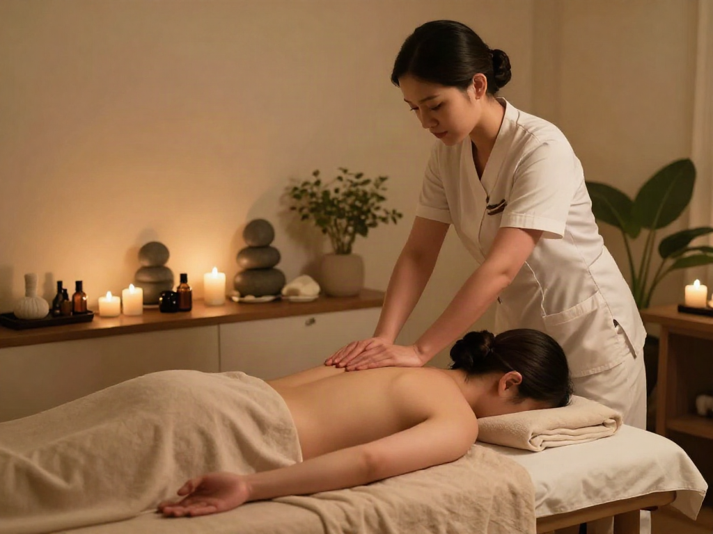 Therapist offering 인천출장안마 in a calming wellness spa setting with soft lighting.