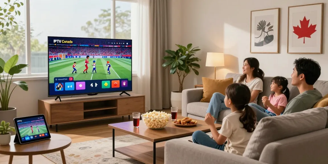 Family experiencing IPTV Canada with 25,000+ channels in a cozy living room, showcasing modern entertainment.