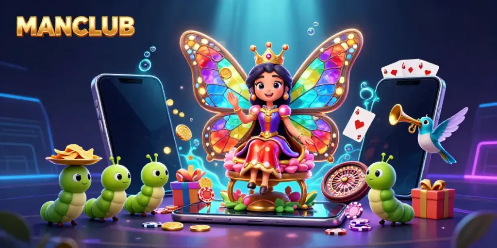 Engage with MANCLUB's vibrant casino atmosphere featuring a whimsical butterfly queen in a magical gaming world.