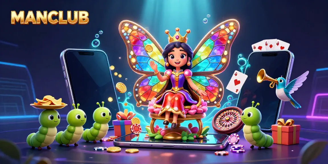 Engage with MANCLUB's vibrant casino atmosphere featuring a whimsical butterfly queen in a magical gaming world.