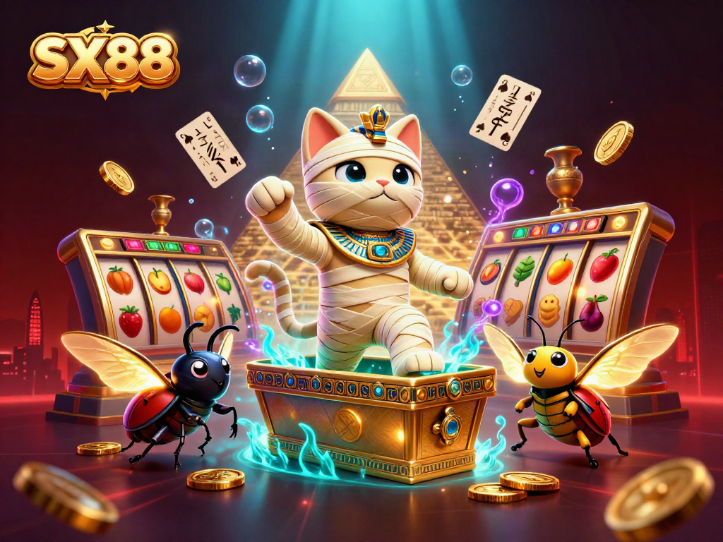 Experience the thrilling SX88 slots with a mummy cat and glowing casino elements in a vibrant pyramid scene.