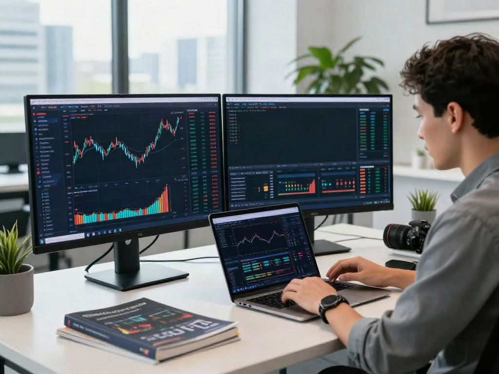 Dynamic workspace featuring a financial analyst using slate capivex technology for market analysis in a modern office.