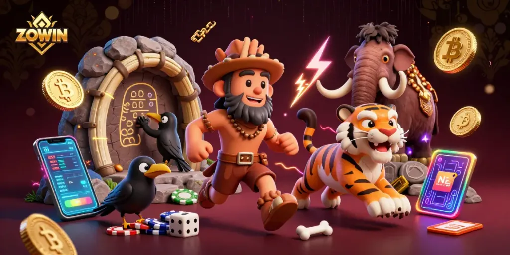 ZOWIN rolls out thrilling games in a vibrant prehistoric casino scene with Bitcoin and Ethereum elements.