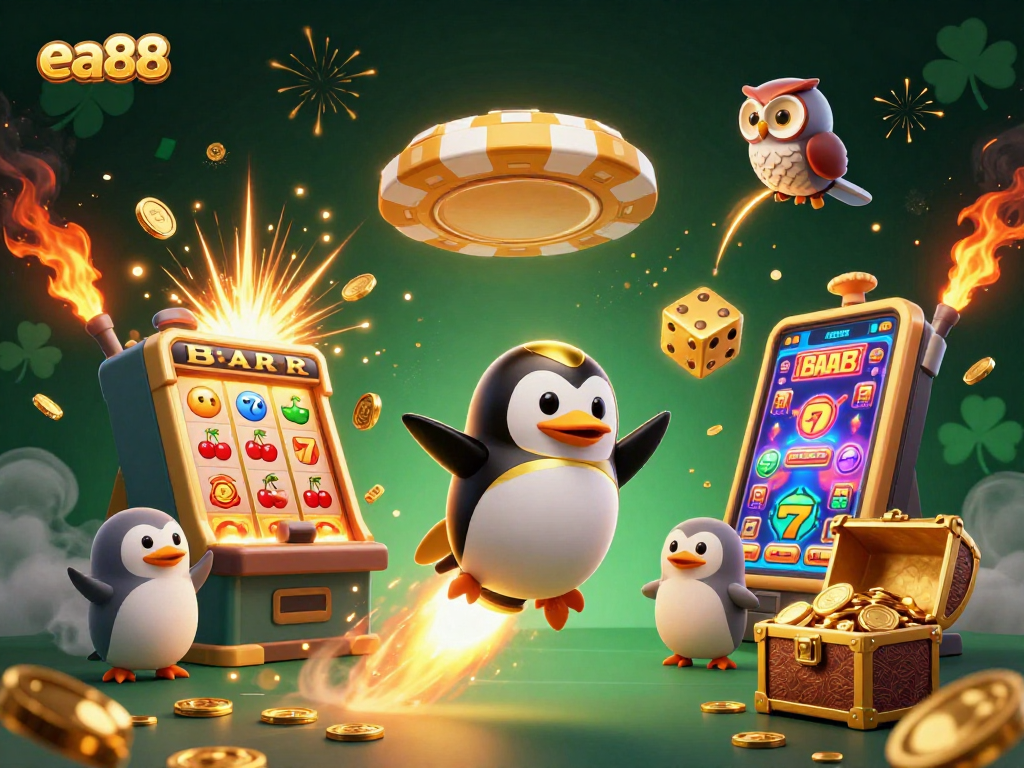 Experience the thrilling ea88 online casino with a vibrant 3D illustration of a golden penguin and casino elements.