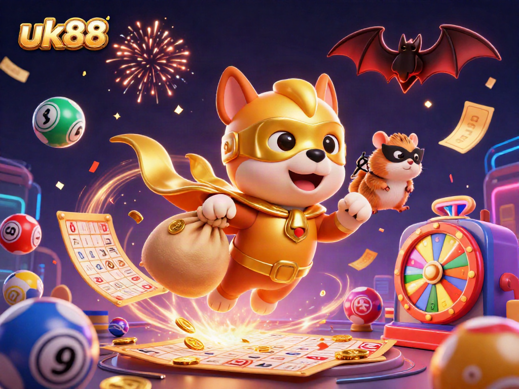 Experience thrilling gameplay with uk88 as the superhero dog flies in a vibrant casino setting.