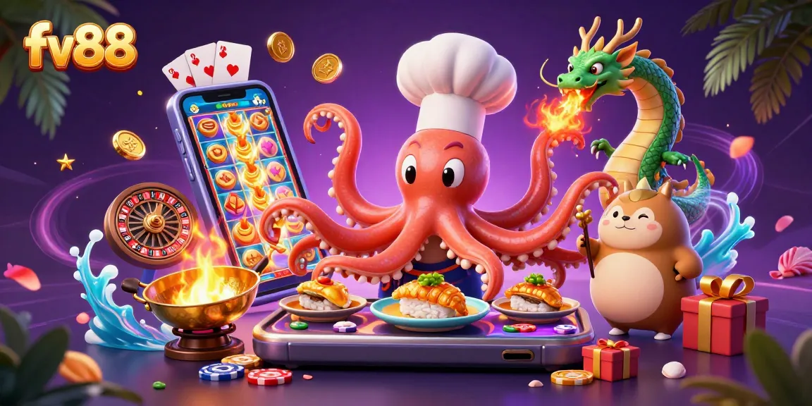 Engage with fv88's dynamic casino scene featuring an octopus chef, dragon, and tanuki amidst vibrant gambling elements.