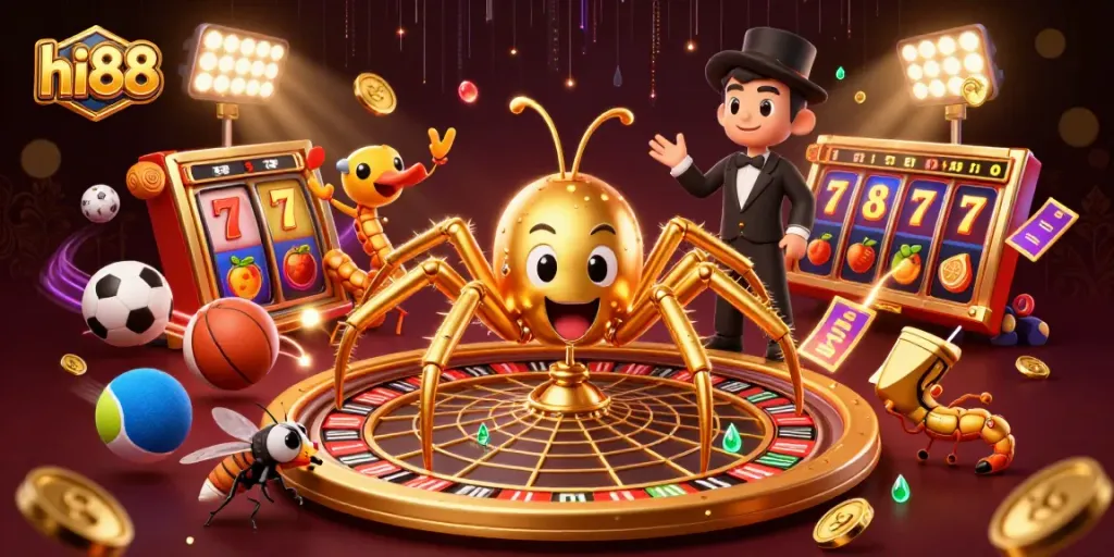 Experience hi88's thrilling gameplay with a roulette wheel scene featuring a spider and a fly.