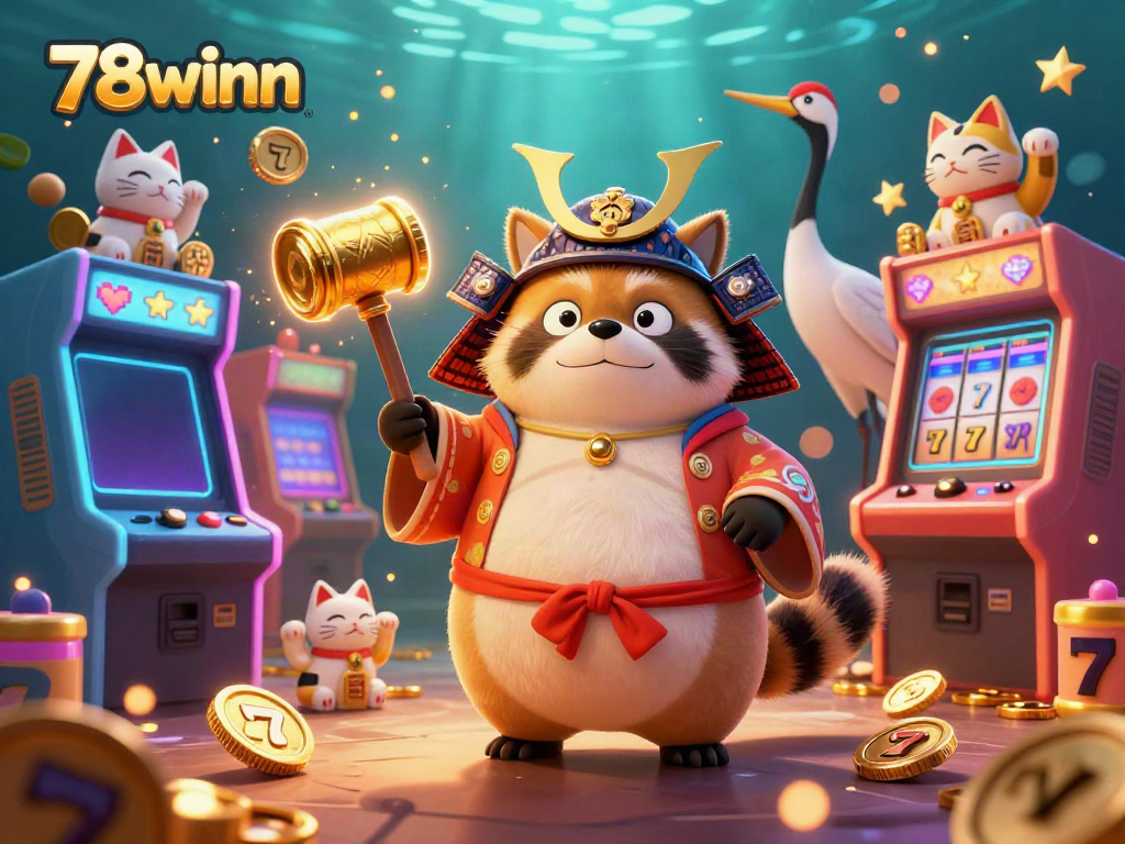 Engage with the vibrant casino experience at 78winn, featuring animated raccoon characters and colorful games.