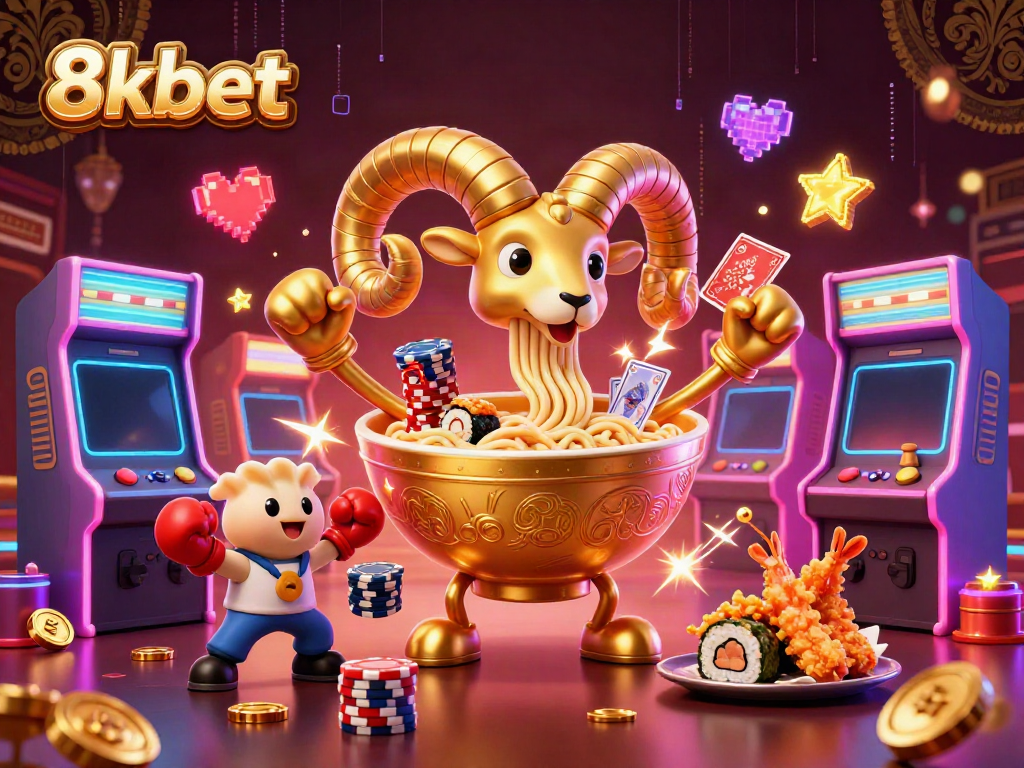 8xbet showcases a vibrant scene with a giant ramen bowl and a sushi dealer in a bustling arcade casino atmosphere.