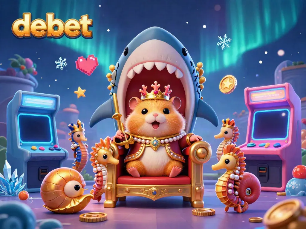 Engage with the thrilling debet gaming scene featuring a hamster king in a shark throne surrounded by arcade elements.