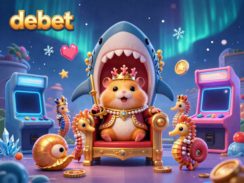 Engage with the thrilling debet gaming scene featuring a hamster king in a shark throne surrounded by arcade elements.