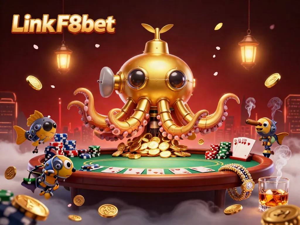 Engage with exciting games at Link F8bet while discovering a vibrant casino world filled with golden coins and poker elements.