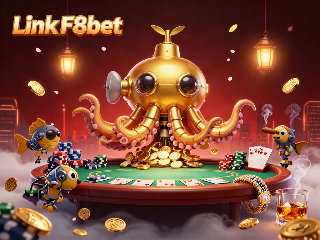Engage with exciting games at Link F8bet while discovering a vibrant casino world filled with golden coins and poker elements.