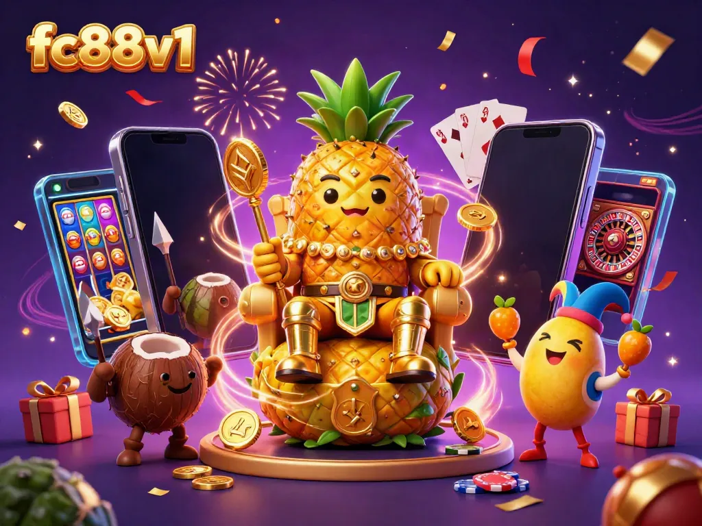 Experience the excitement of fc88v1, with a golden pineapple king presiding over a vibrant beach casino scene rich with playful elements.