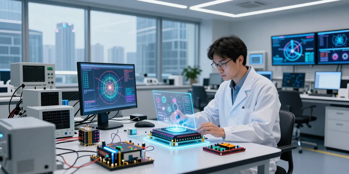 Scientist examining quantum computing technology in a modern lab, showcasing advanced quantum processors.