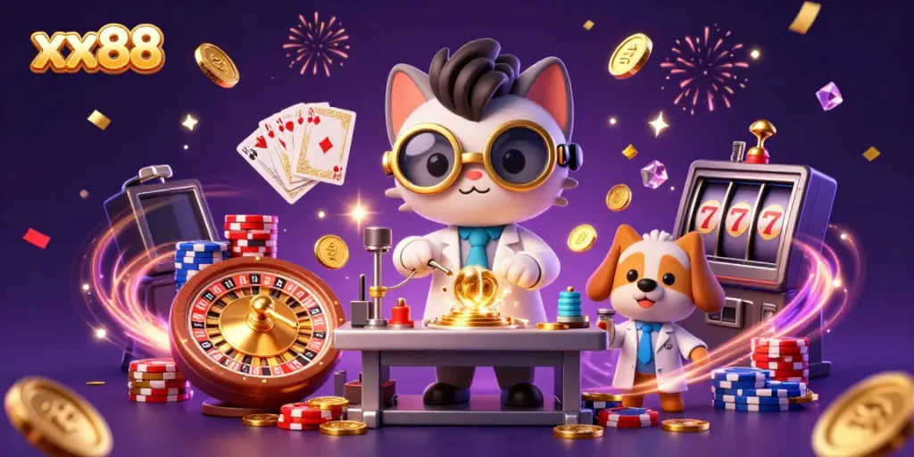 Experience thrilling moments with xx88 featuring a mad scientist cat and loyal dog in a dynamic casino scene.