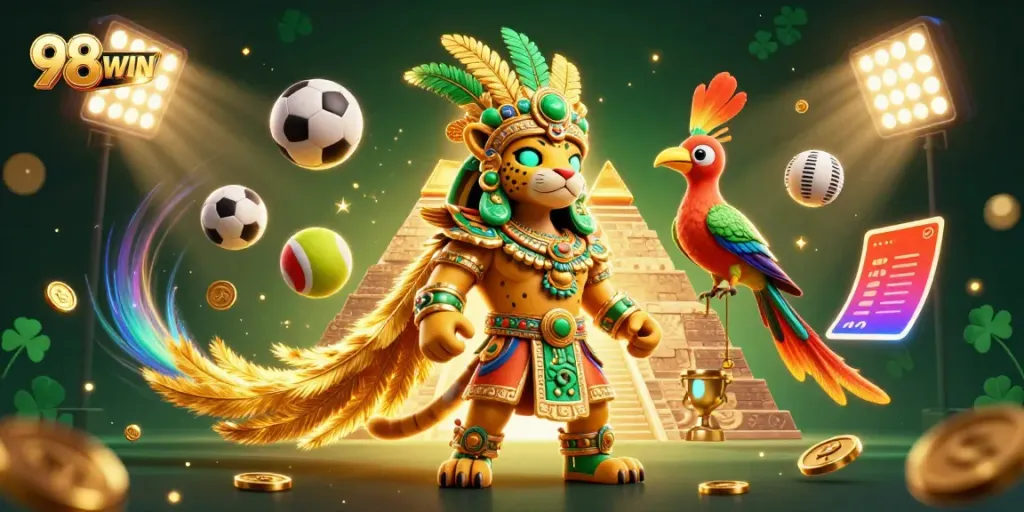 This dynamic 3D illustration highlights 98WIN with a Mayan jaguar priest and vibrant sports elements.