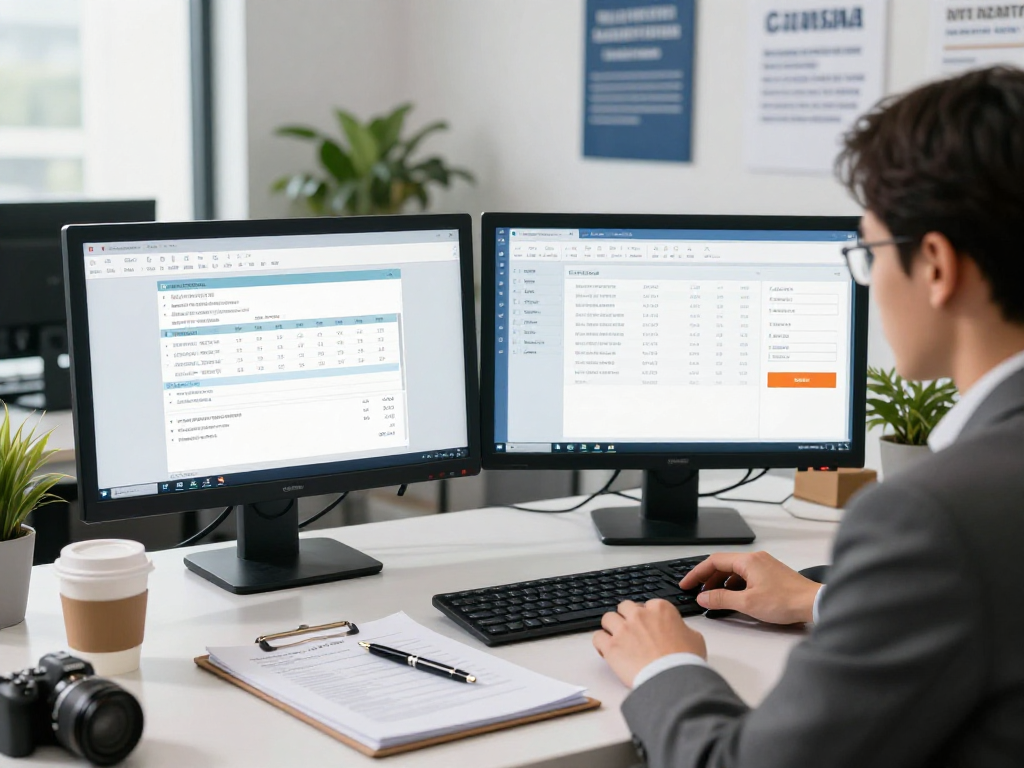 Compliance officer reviewing document fraud detection software in a modern office.