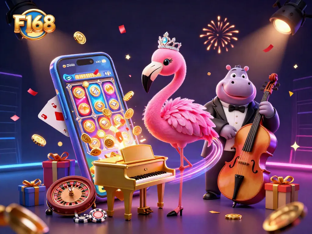 Engage in thrilling slot action with the F168 casino scene featuring colorful games and lively characters.