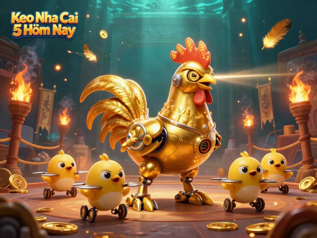 Experience the thrill of sports betting with Keo Nha Cai 5 Hôm Nay showcasing golden robotic characters amidst vibrant gaming elements.