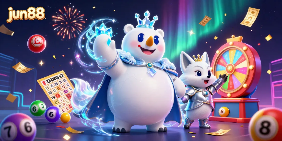 Win big with jun88: 3D illustration showcasing dynamic lottery games, vibrant colors, and festive elements in a casino atmosphere.