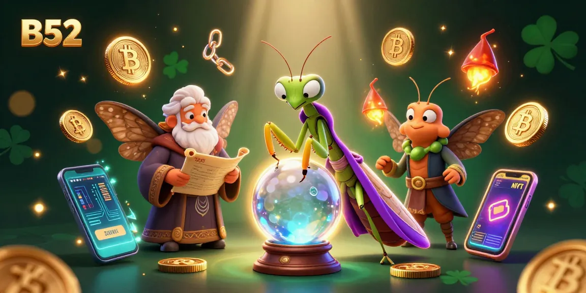 B52 casino scene featuring a mystical fortune teller and a wise moth librarian amidst vibrant crypto elements and gaming symbols.