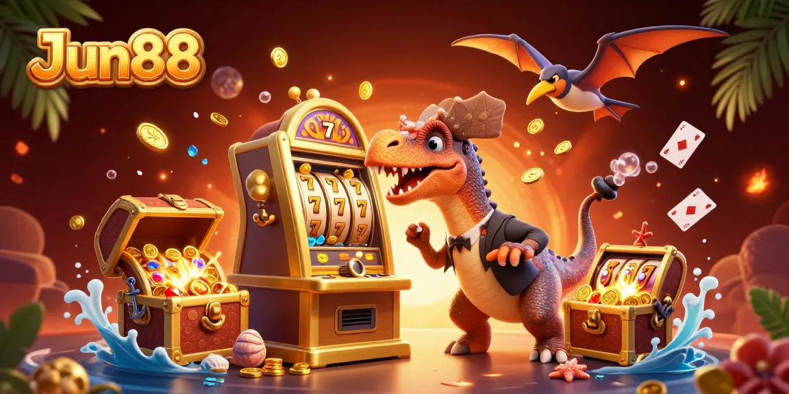 Jun88 captures excitement with dinosaurs in a casino scene, headbutting a jackpot slot machine.