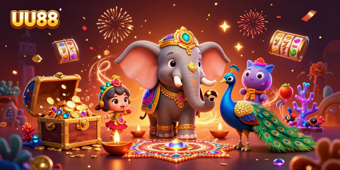 UU88 brings excitement with an elephant amidst slot reels and gems in a vibrant casino-themed scene.