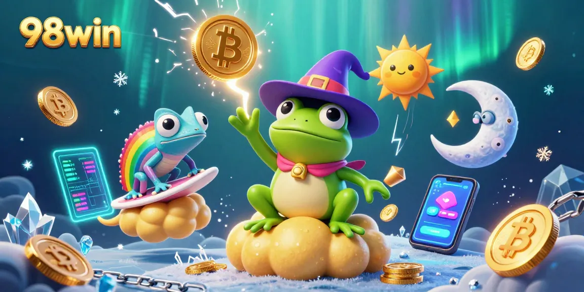 Win big at 98win with a 3D illustration of a frog conjuring riches in a vibrant casino scene.