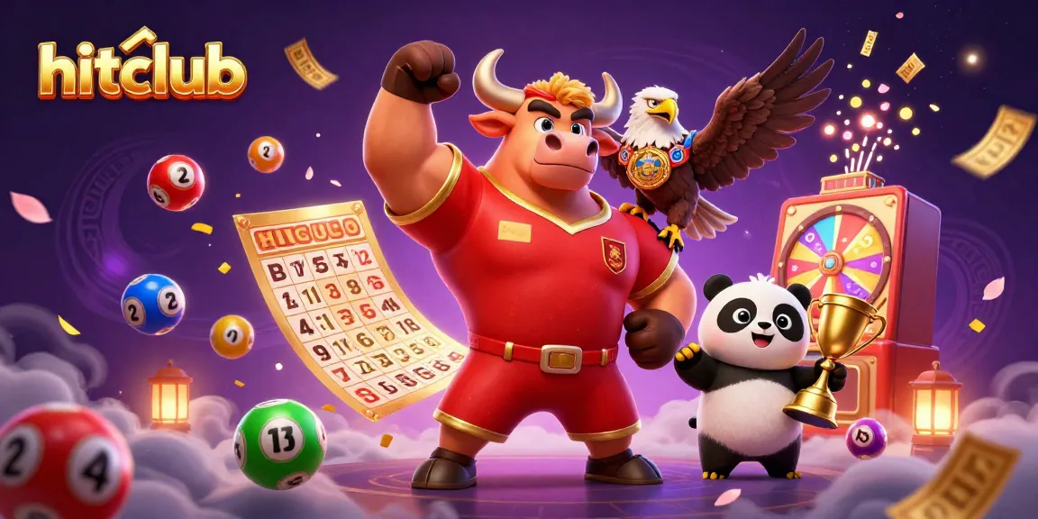 Hitclub offers thrilling gaming action with colorful lottery elements and a victorious bull mascot.