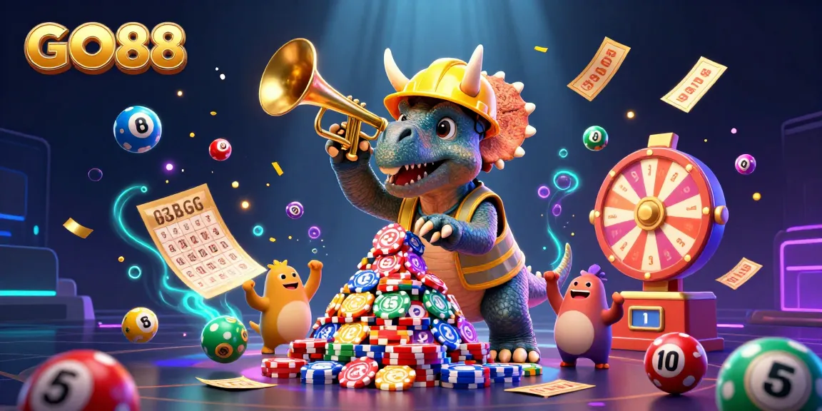 Experience the excitement of GO88 with a vibrant scene of a triceratops and friends celebrating at a gaming event.