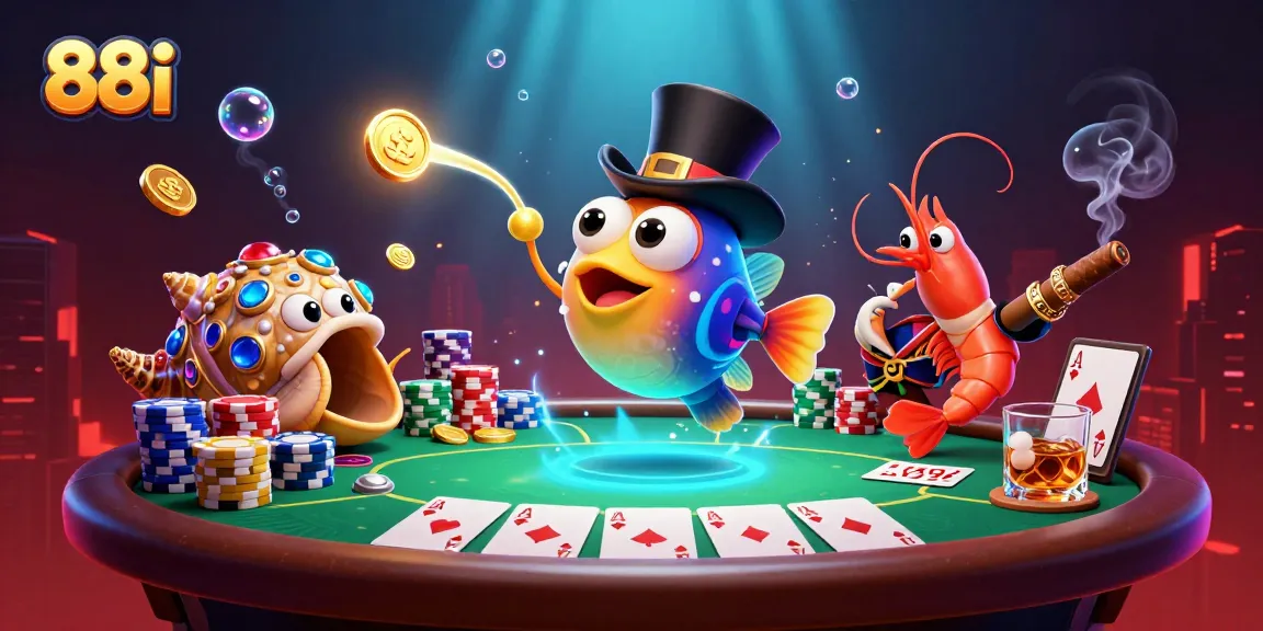 88i Casino adventure illustrating the anglerfish attracting coins with poker elements.