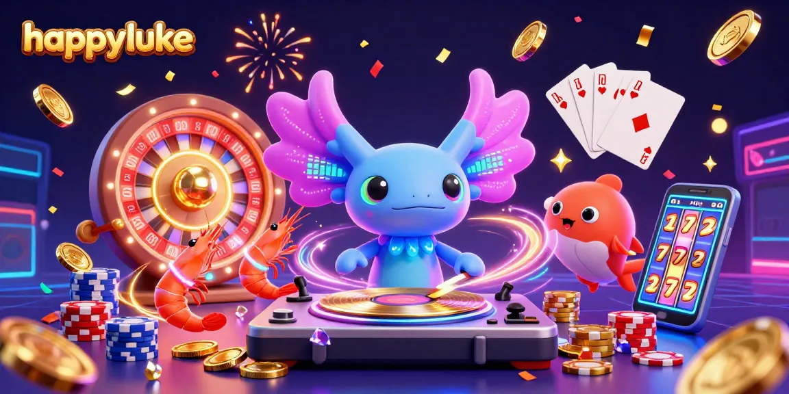 Win big with happyluke at this vibrant casino scene featuring lively characters and casino elements.