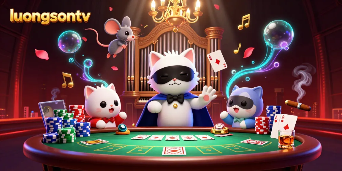 Experience thrilling poker action with luongsontv showcasing a 3D cartoon cat and acrobat in a vibrant casino.