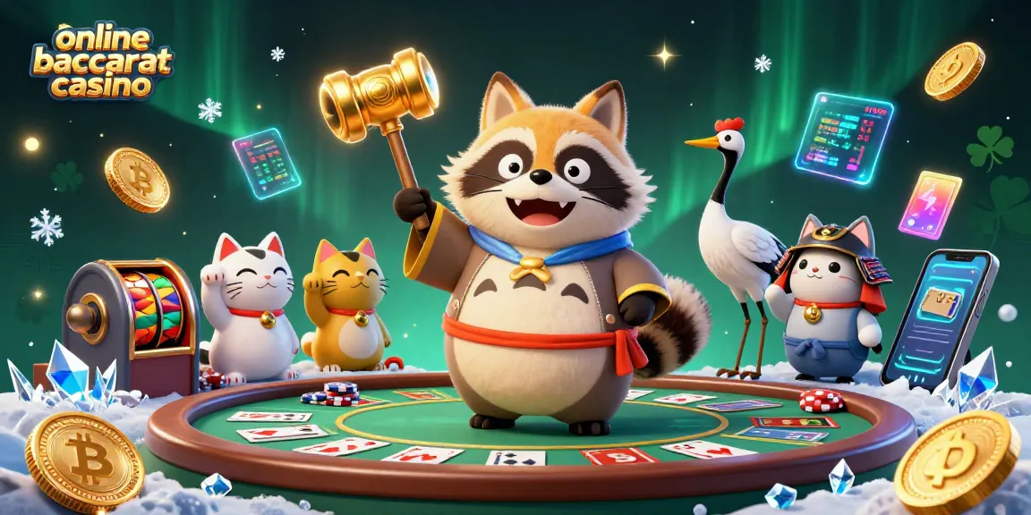 Engaging scene showcasing online baccarat casino with colorful characters, cards, and crypto elements.