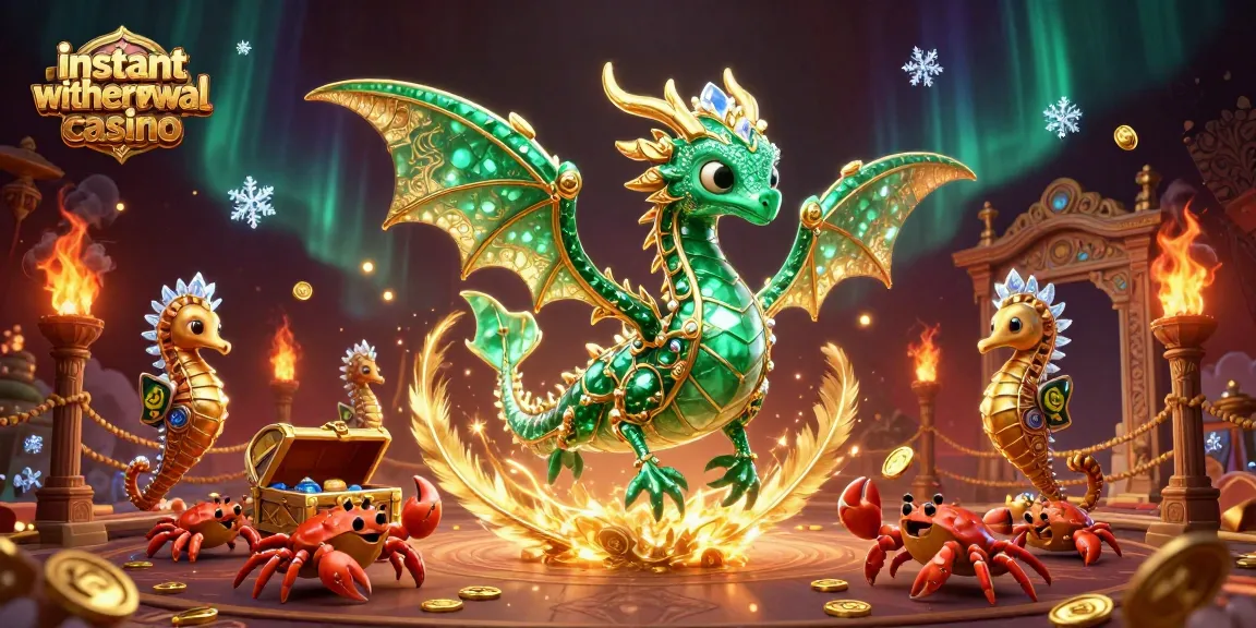 Action-packed scene of an instant withdrawal casino featuring a sea dragon and treasure chest.