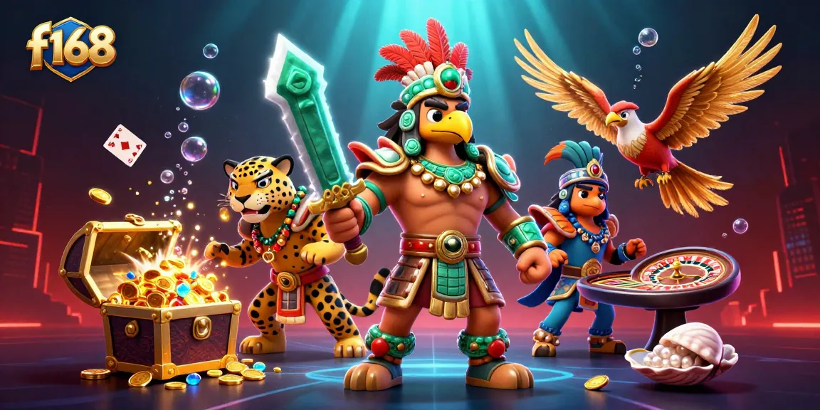 Bet on f168 with an energetic scene showcasing Aztec warriors amidst glowing casino elements.