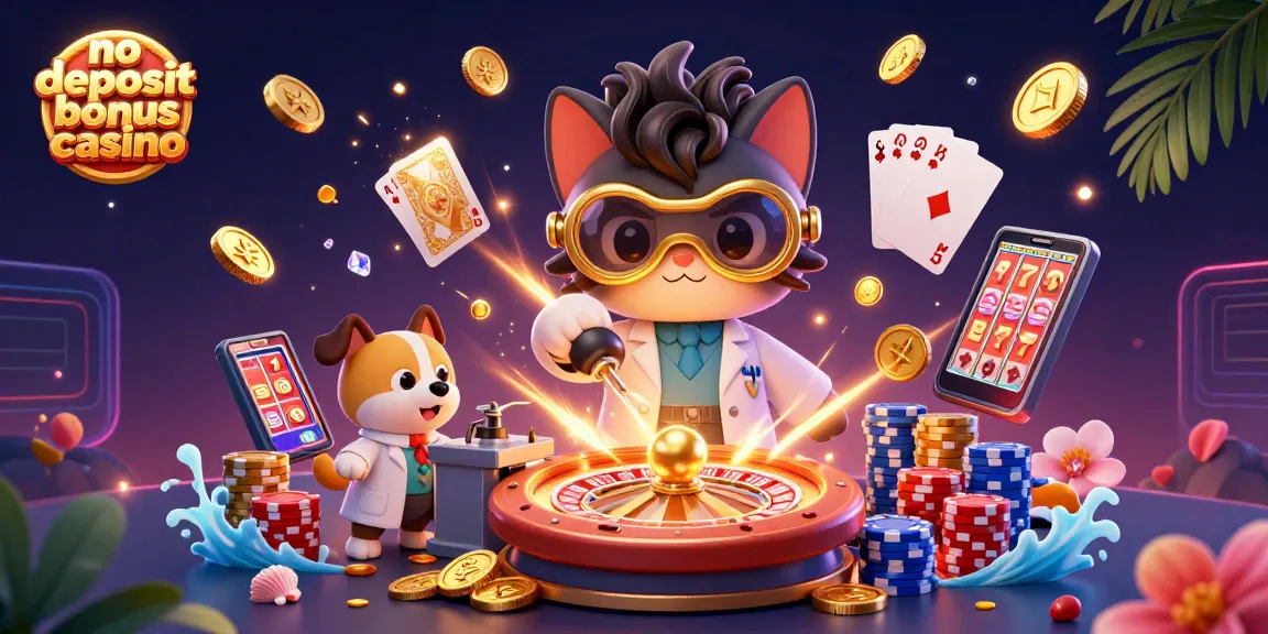 Join the excitement at a no deposit bonus casino with a vibrant scene of a mad scientist cat and lab assistant.